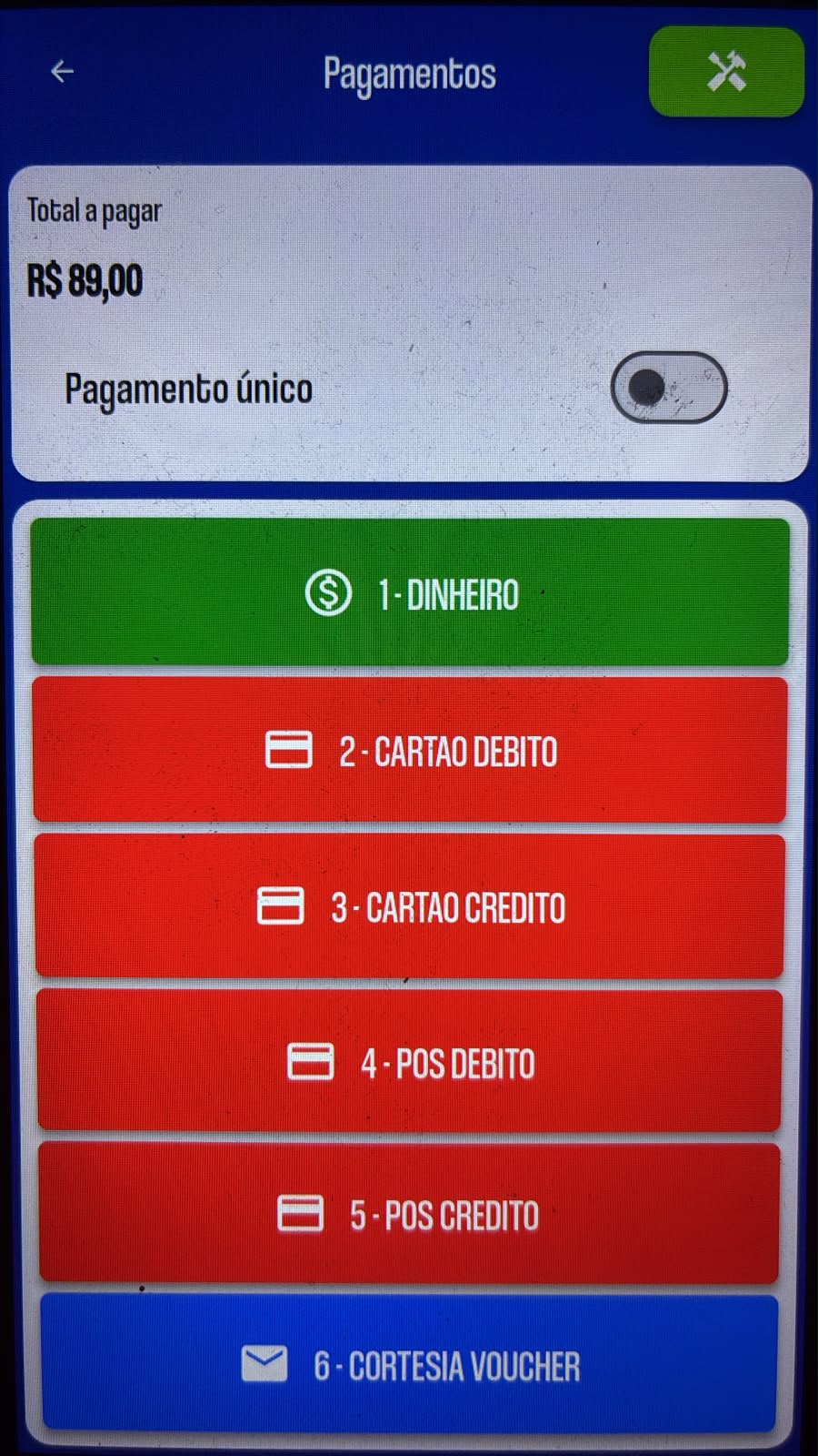 POS móvel com formas de pagamento