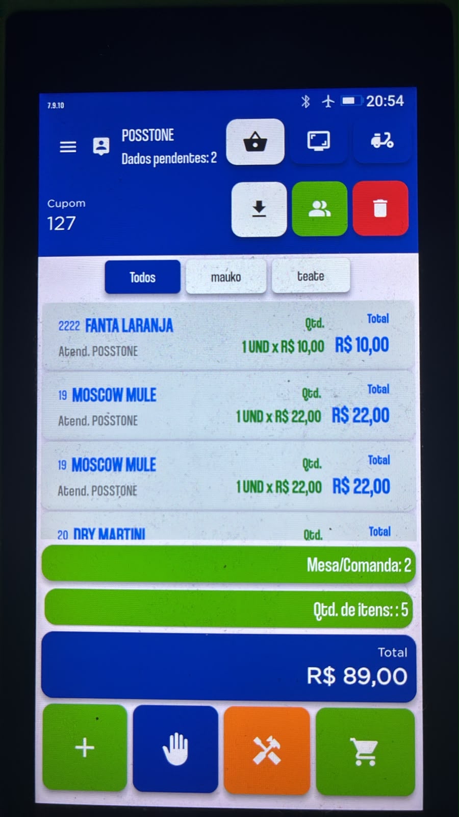 POS móvel com itens e total da conta